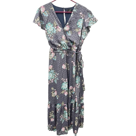 Lane Bryant Dress Women's 18 Flutter Sleeve Surplice Neck Maxi Gray Floral - Picture 1 of 8